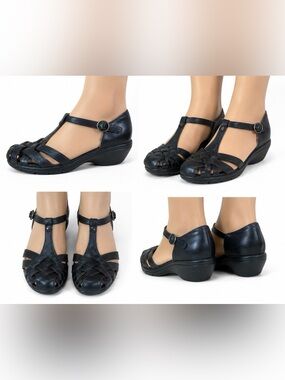 Clarks UNstructured Black Leather T-Strap Wedge Lightweight Comfort Sandals